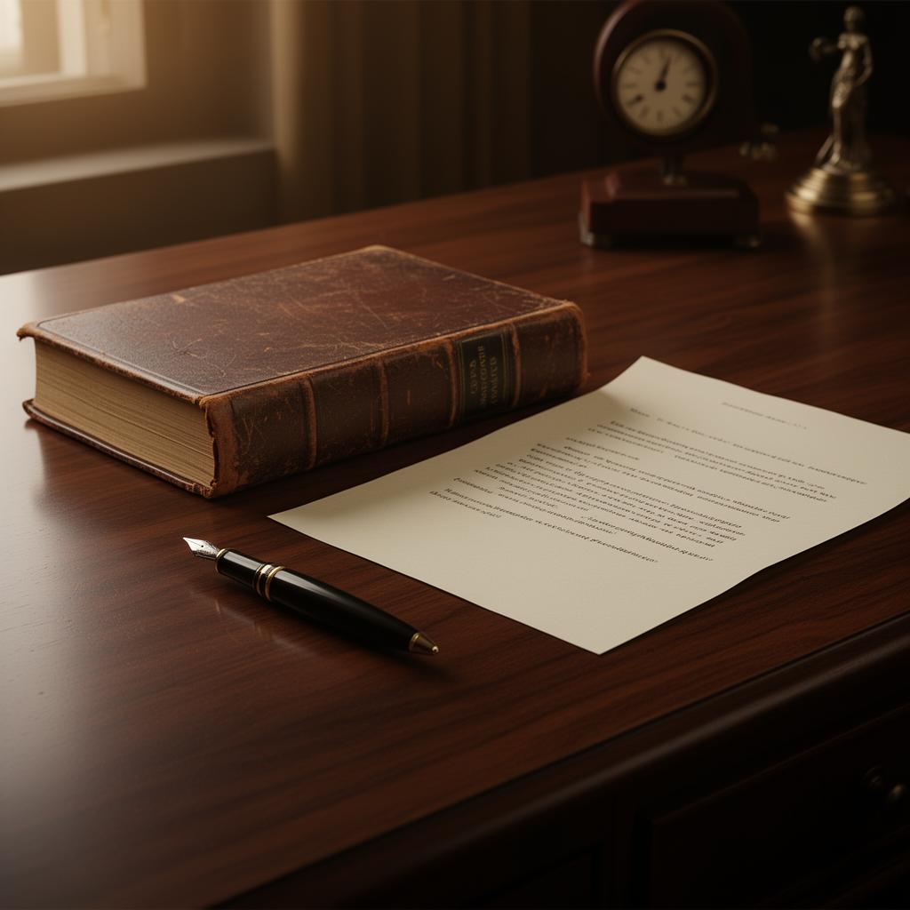 Leather-bound book and document on a walnut desk